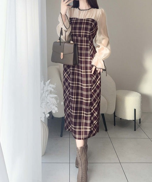 【mily bilet】上品でフェミニン。シャイニーシアードッキングIラインチェックワンピース mi1139046