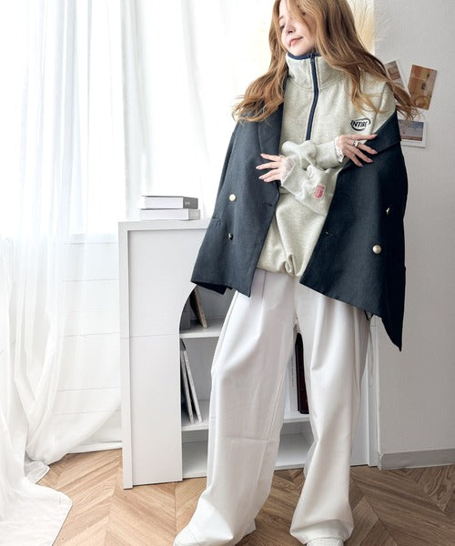 《JaVa ジャバコラボ》レトロライクで大人スポーティーに。ワンポイント刺繍バイカラー裏起毛ハーフジップブルゾン(セットアップ可能) jv1260197