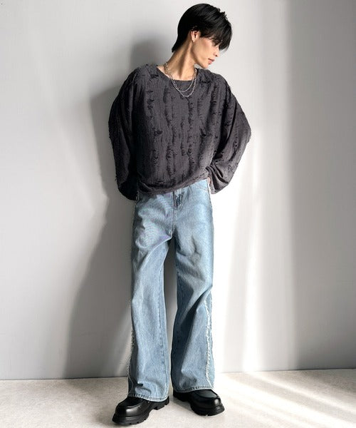 グランジを楽しむ旬スタイル。ダメージ加工ビッグシルエットジャカードカットソーTシャツ（長袖） cm1010420