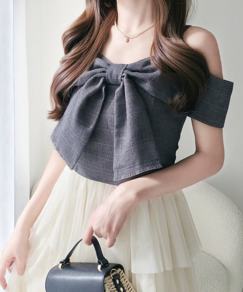 【mily bilet】一枚に大人可愛いを凝縮。リボンデザイントップス×チュールスカートドッキングキャミワンピース (ロング丈) mi1139113