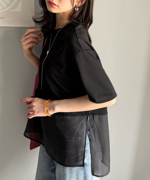 春夏に涼しさ引き立てる透け感が◎裾シアー切り替えライトダンボール半袖Tシャツ ce1110116