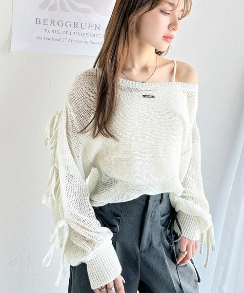 【mily bilet】大人のきらめき。プレートデザイン透かし編み袖リボンラメニット(ワンオフショル2way) mi1259009
