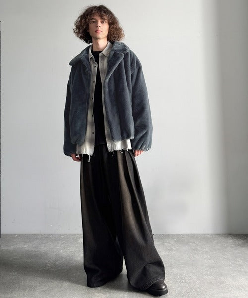 【Classical Origin】「3wayアレンジ可能。」ベルト襟フェイクファー素材ジャケット／Belted Collar Faux Fur Jacket co1150080