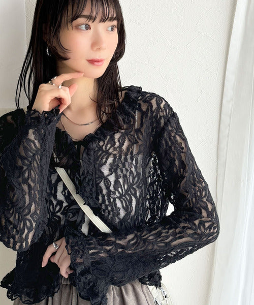 【mily bilet】トレンドが華やか♪花柄レースリボンカーディガン mi1019074