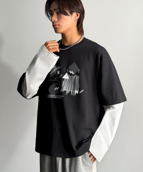 【Classical Origin】幾何学柄ポンチ素材レイヤードTシャツ(長袖)／Geometric Pattern Ponte Layered T-Shirt co1150050