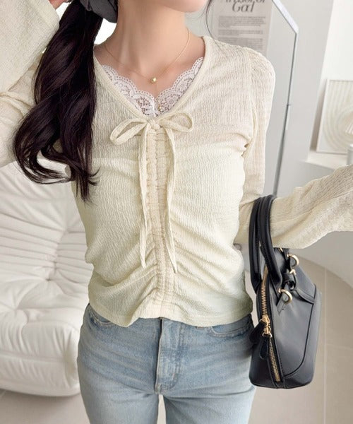 【mily bilet】レース×シャーリングで、甘さをひとさじ。レースドッキングパフスリーブジャガードトップス（長袖） mi1359080