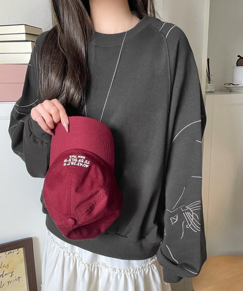 袖に遊び心を忍ばせたラク可愛い一枚♪袖ネコ刺繍裏起毛PO ce1050327