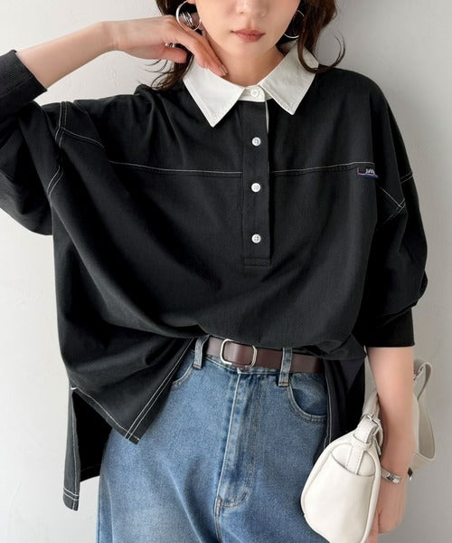 《JaVaジャバ コラボ》シンプルスタイルを格上げ。綿100%配色ステッチオーバーサイズラガーシャツ（長袖） jv1050385