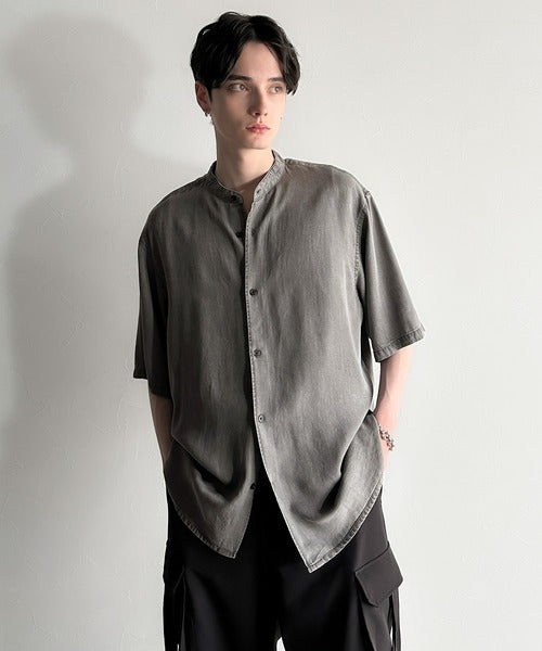 Rayon Denim Band Collar Relaxed Shirt／ヴィンテージ加工ルーズフィットデニムシャツ co1150011
