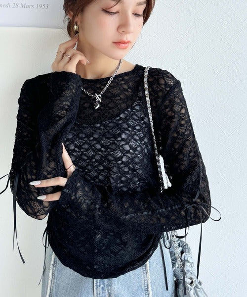 【mily bilet】着るだけでおしゃれ度UP！シアージャガード総レースサイドサテンリボントップス（長袖） mi1019079
