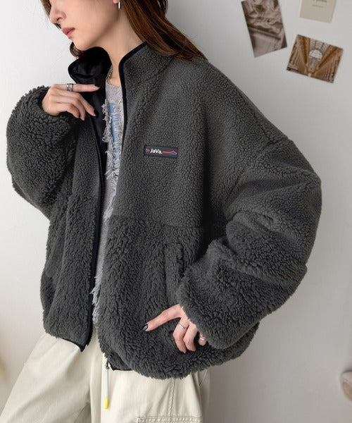 《JaVaジャバコラボ》ほっこり可愛い♪大人のもこもこボア切り替えスタンドネックブルゾン(ミドル丈) jv1265093