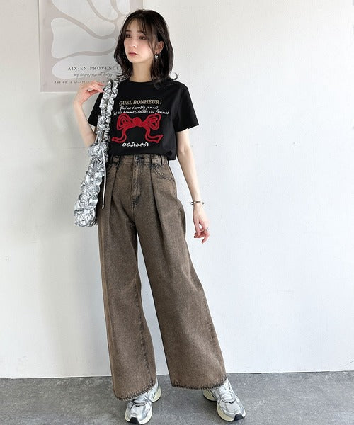 【mily bilet】華やか大人ガーリー。リボンコード刺繍プレートデザインTシャツ mi1329025