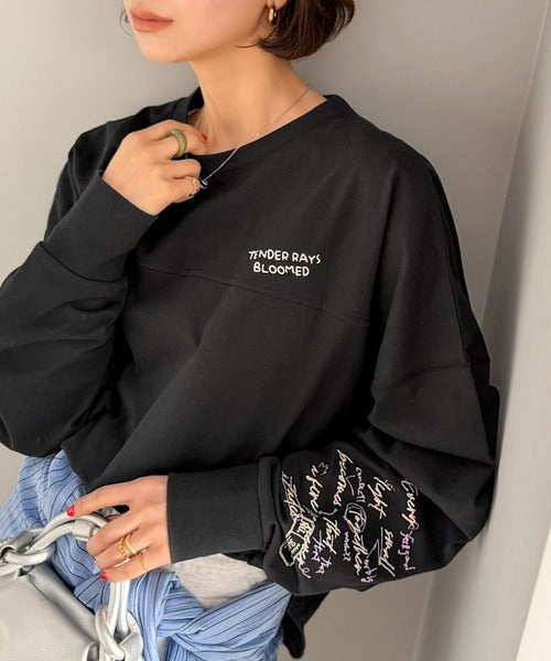 《JaVaジャバコラボ》袖を通せば、あなたも輝く。コットン100％刺繍胸元切り替えドルマンロンTEE（長袖） jv1260620