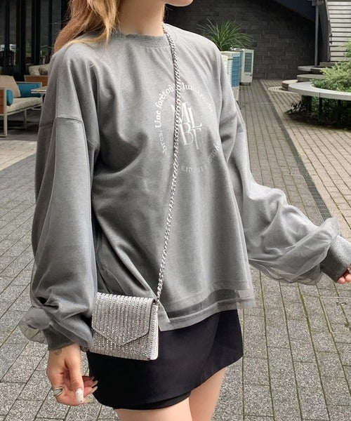 【mily bilet】デイリーからお出かけまであらゆるシーンに大活躍！箔プリントチュール重ねロングTシャツ mi1019058