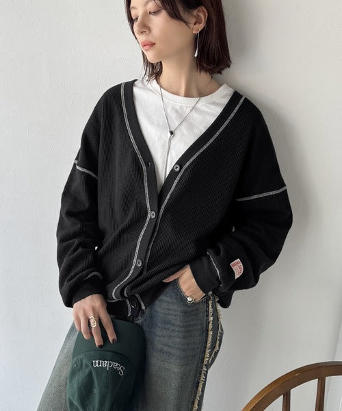 《JaVaジャバコラボ》ラフで上品な大人のゆるカジュアル。配色ステッチVネックワッフルカーディガン（長袖） jv1260505