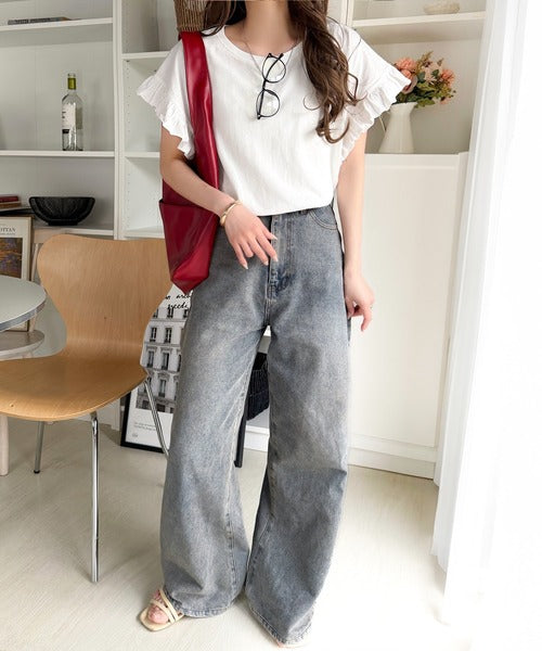 《JaVaジャバコラボ》着るだけで主役級。綿100％バック箔プリント袖フリルTシャツ（半袖） jv1330104