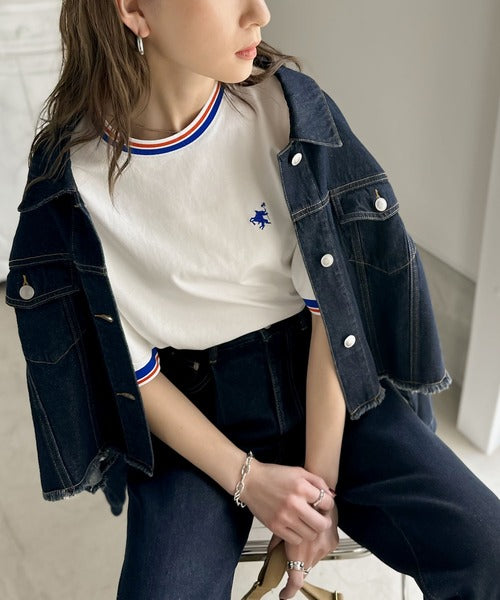 《JaVa ジャバコラボ》大人スポーティー。綿100%シルケット 配色刺繍Tシャツ jv1050074