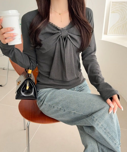 【mily bilet】一枚でときめく、主役級ビッグリボン×繊細レースで大人ガーリーに♪リボンレーストップス（長袖） mi1019160