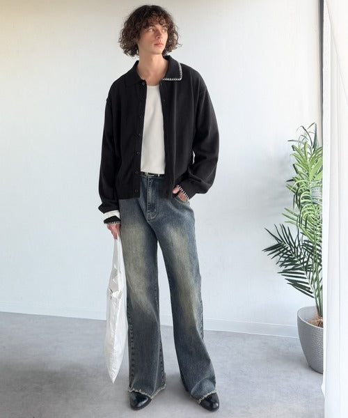 《JaVaジャバコラボ》さりげない配色で着こなしに差を。ステッチ配色ショート丈ニットシャツ jo1150087