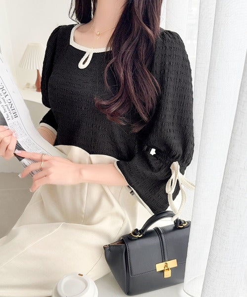 【mily bilet】さりげないスリットにきゅん♪袖リボン付き配色パイピング異素材ドッキングワンピース mi1019133