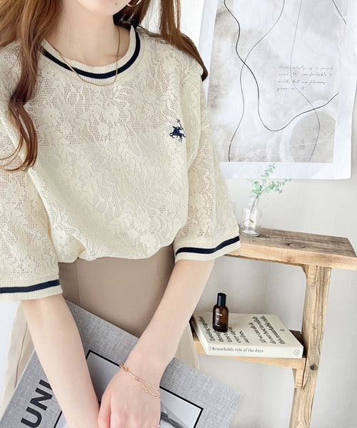 上品レース×スポーティMIXが旬。クロシェ風レースリブラインTシャツ。 ce1050163
