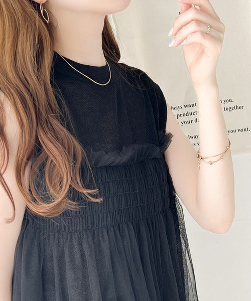 【mily bilet】ふんわり大人可愛いシアーラメトップス。チュールフリル使いノースリーブシアーニット mi1149052