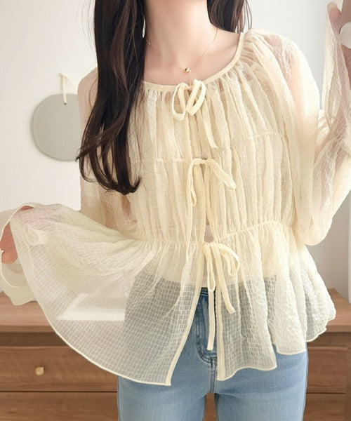 【mily bilet】1枚で2通り。透け感×チェックで、甘さをほどよく。前後2wayシアーチェックブラウス mi1359032