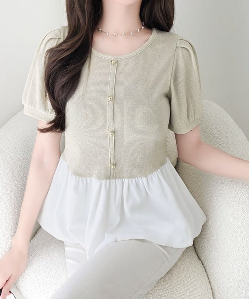 【mily bilet】きゅんとするシルエット。袖タックラメ混テレコリブ×異素材バルーントップス（半袖） mi1359056