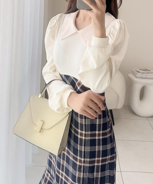 【mily bilet】愛され要素がぎゅっと盛り♪シャツ襟チェックアシメフリルドッキングロングワンピース（長袖） mi1139088