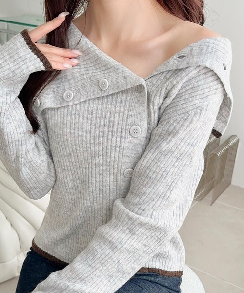 【mily bilet】ワザありカラーで華やかさをプラス◎アシンメトリーカラー見せ裾配色多ボタンニット mi1329059