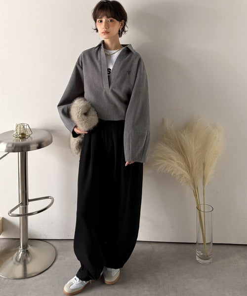 【Classical Evon】優しい温もり、上品見え。圧縮ニット襟付きキーネックプルオーバー ev1110143
