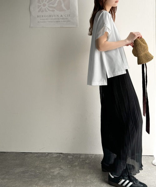 大人の女性を魅力的に引き立てる。袖口シアー切り替え 半袖 Tシャツ ce1110095