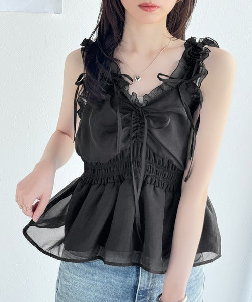 【mily bilet】愛され大人フェミニン。リボン使いフリルオーガンジービスチェキャミソール mi1019072