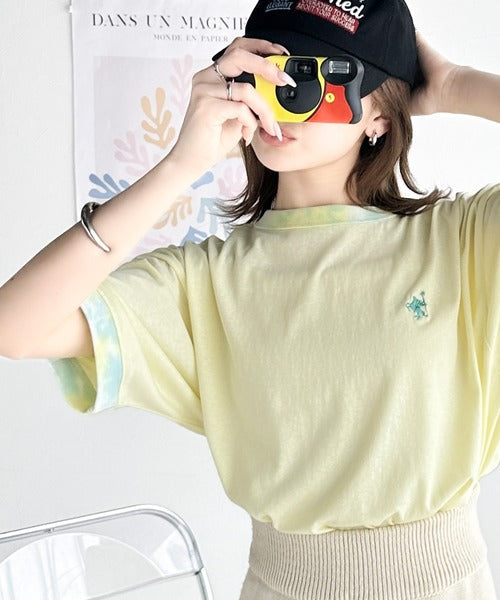 レトロでポップな大人リンガーT。胸刺繍タイダイリンガー半袖T ce1050158