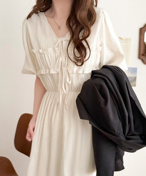 【mily bilet】1枚で華やぐ♪揺れ感シアーフリルリボンプリーツロングワンピース mi1019134