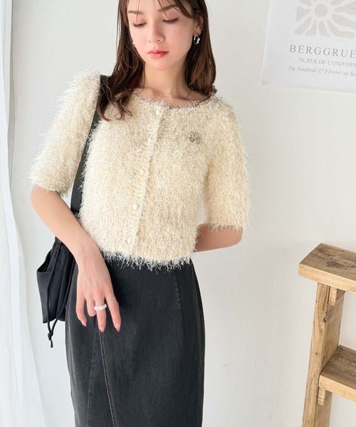 【mily bilet】ふんわり大人可愛い。ラメシャギーブローチ付きワンオフショル前後２WAYカーディガン mi1259012