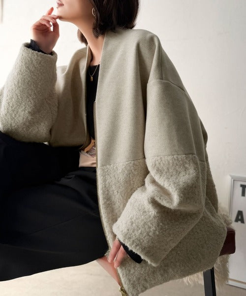 【Classical Evon】冬アウターの最適解。シンプルだけど、"きちんと"見える。ボア切り替えVネックコート（ミドル丈） ev1110193