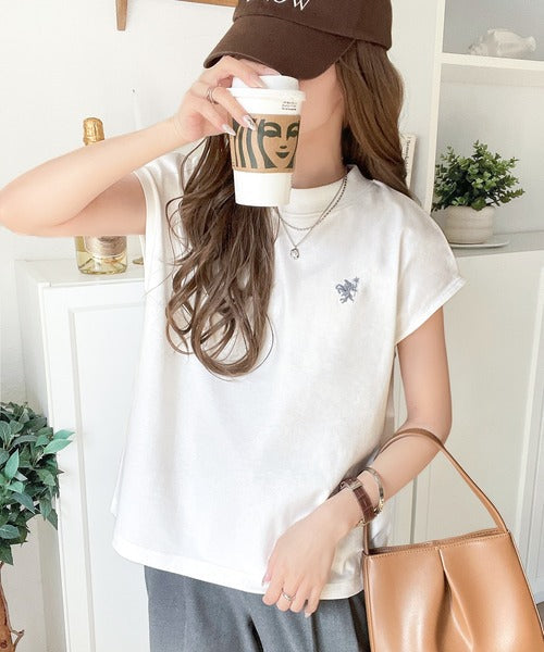 大人女子の上品ベーシック。綿100％シルケットモックネックフレンチTシャツ(刺繍) ce1260395
