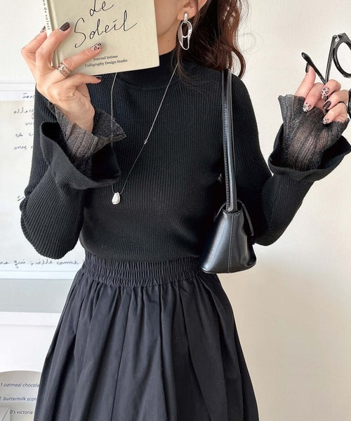 大人フェミニンなシアー素材。袖フレアチュール重ねリブニット(長袖) ce1020188