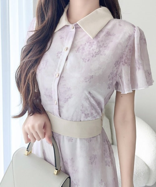 【mily bilet】夏を涼む相棒ワンピ♪水彩フラワーが上品。シアーフローラル バックリボンワンピース (長袖) (ロング) mi1139101