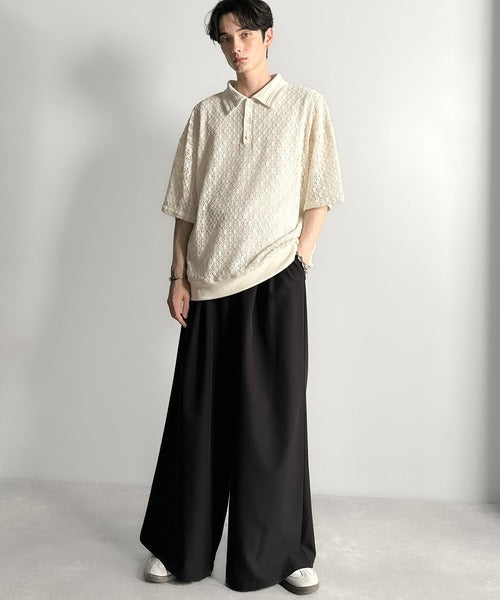 「透け感、モードの余韻。」衿ダブルライン使いレース柄ニットポロシャツ/Lace Detail Knit Polo Shirt co1010010