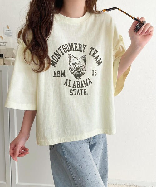 レディなヴィンテージスタイル。綿100％カレッジピグメント袖フリルTシャツ ce1020221
