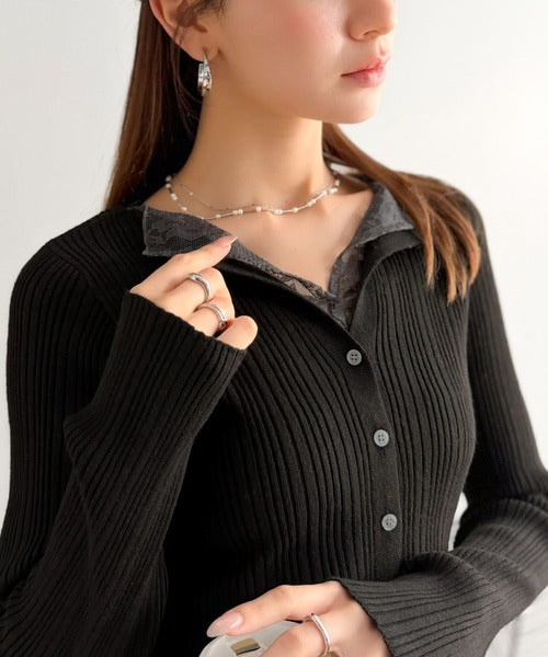 【mily bilet】顔周り、可愛く盛れちゃう！レースドッキング ランダムリブニット トップス(長袖） mi1359074