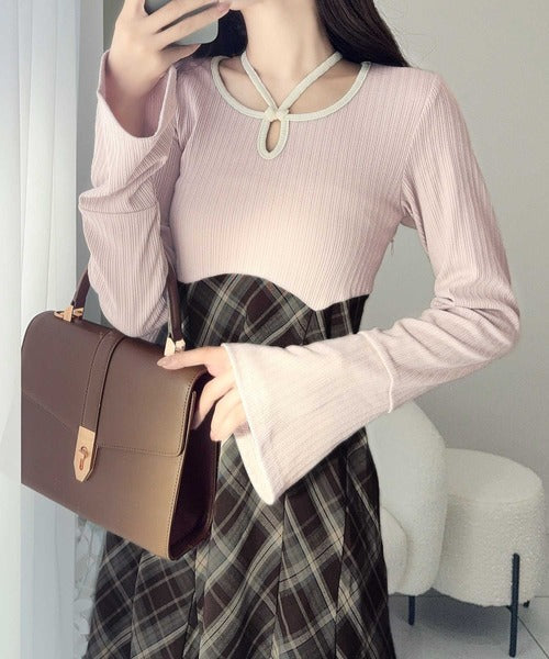 【mily bilet】大人の上品さをブラッシュアップ。チョーカー使い配色パイピングカットソードッキングチェックワンピース mi1139055