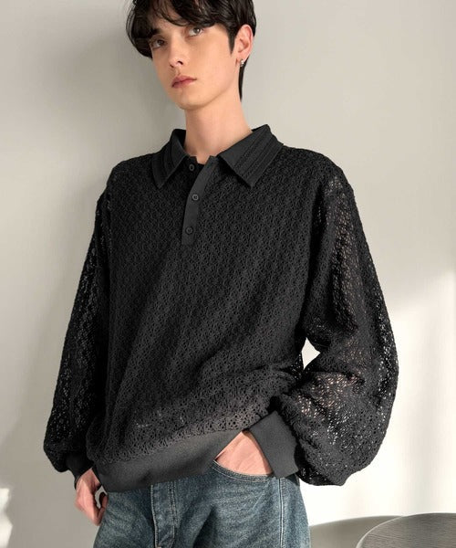 「透け感、モードの余韻。」衿ダブルライン使いレース柄ニットポロシャツ／Double-Line Collar Lace Pattern Knit Polo Shirt co1010049