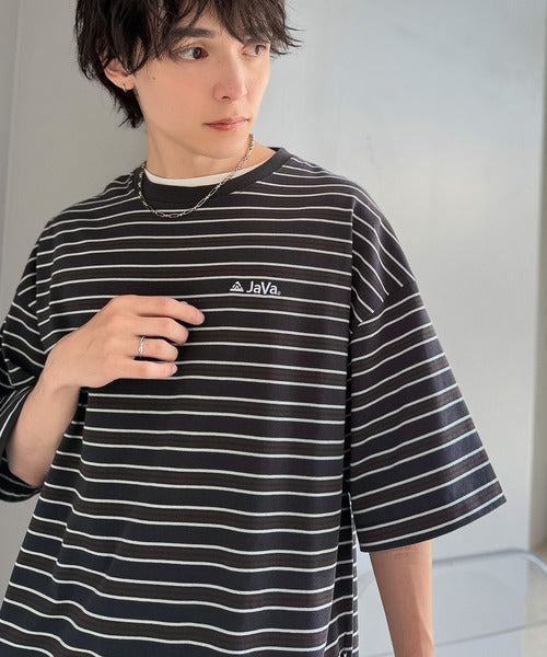 《JaVaジャバコラボ》【抗菌防臭機能付き】配色裾ドローコード付き 綿100％マルチボーダーTシャツ（オーバーサイズ） jo1150090