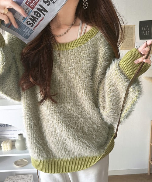 甘すぎないフェミニン感。サイドリボン使いフェザーヤーンシャギー配色ニット ce1050213