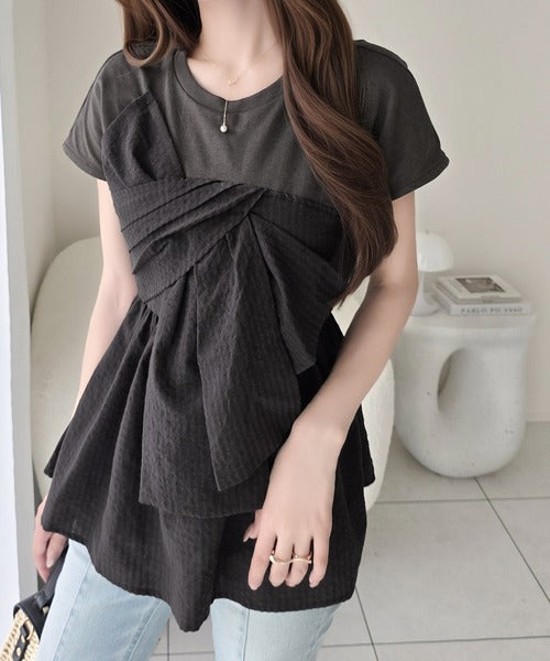 【mily bilet】忙しい朝も悩まない、初夏の一軍トップス。リボンビスチェドッキングTシャツ (半袖) mi1019145