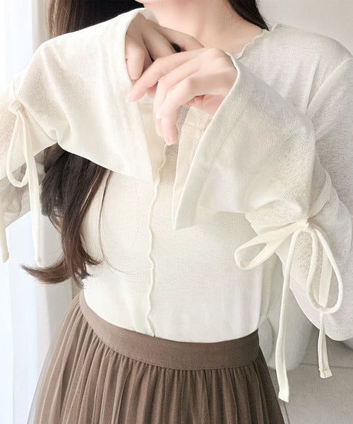 【mily bilet】ほんのり透け感で大人ガーリーに着回し♪メロウ×袖リボンフレアスリーブ スラブシアージャガードプルオーバー(長袖) mi1019166