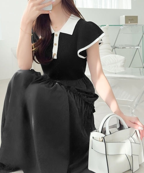【mily bilet】スタイルアップの極み！フィット＆フレアな大人ポロ襟ドッキングワンピース（半袖） mi1029176